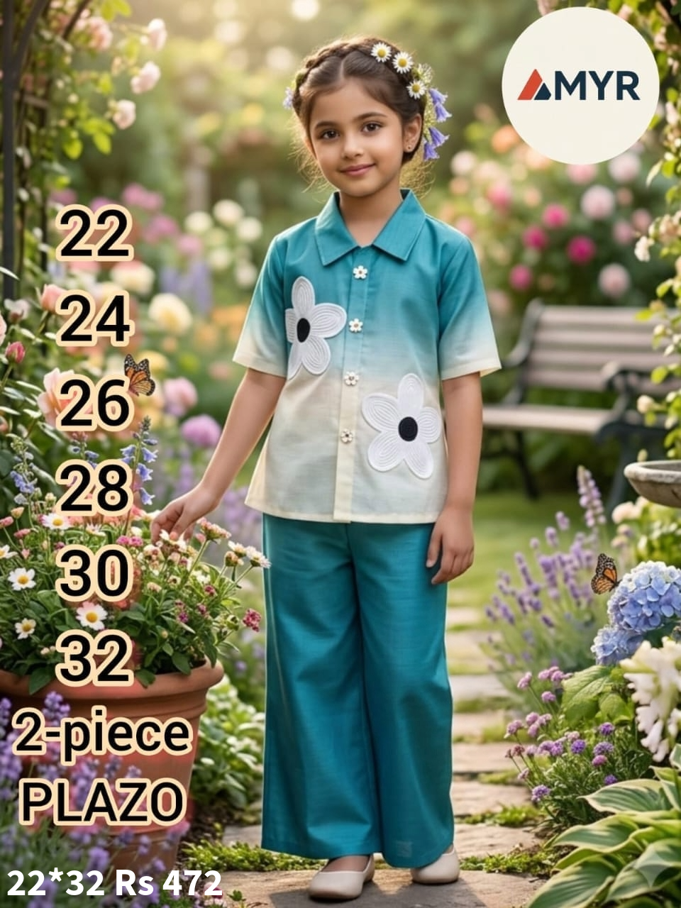 Girls Teal Floral  Palazzo Set
